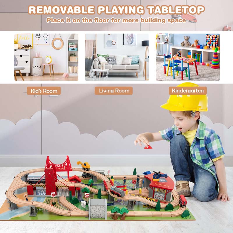 2-in-1 Wooden Toddler Train Table Kids Activity Table Set with Storage, 100 Multicolor Pieces, Tracks, Trains, Cars, Reversible Tabletop