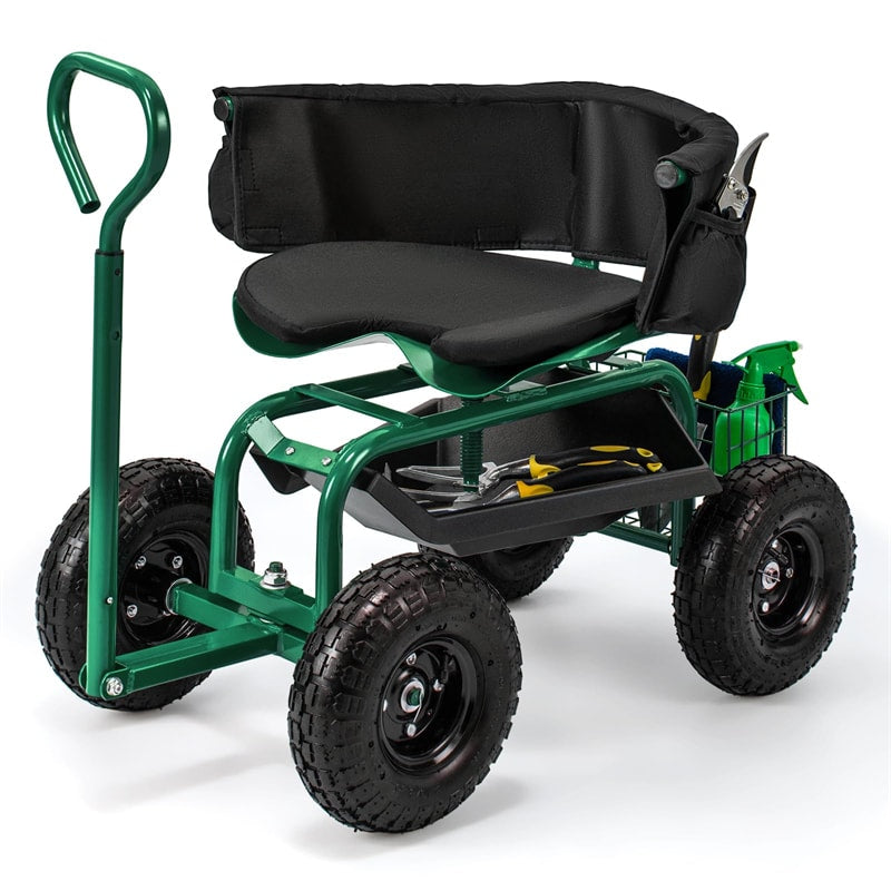 Cushioned Rolling Garden Cart Workseat Yard Wagon Scooter with Storage Basket & Extendable Steering Handle