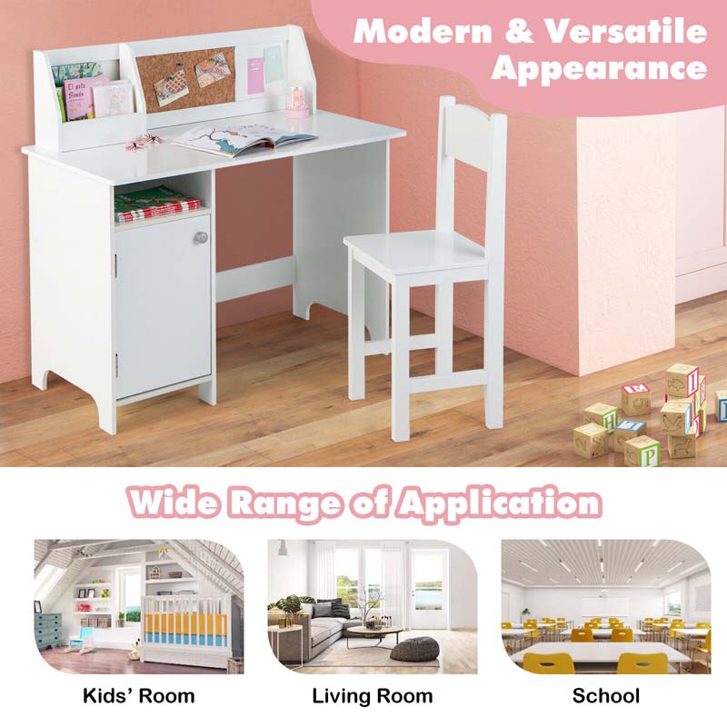 Wooden Kids Study Table and Chair Set with Cork Bulletin Board, Student Computer Workstation Writing Table for Bedroom