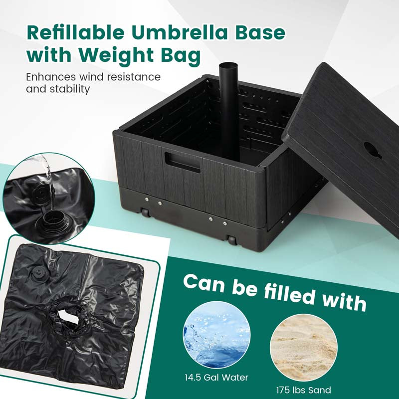 3-in-1 175 LBS Outdoor Refillable Umbrella Base with Table Tray & Wheels, Wood-Like Outdoor Side Table with Umbrella Stand