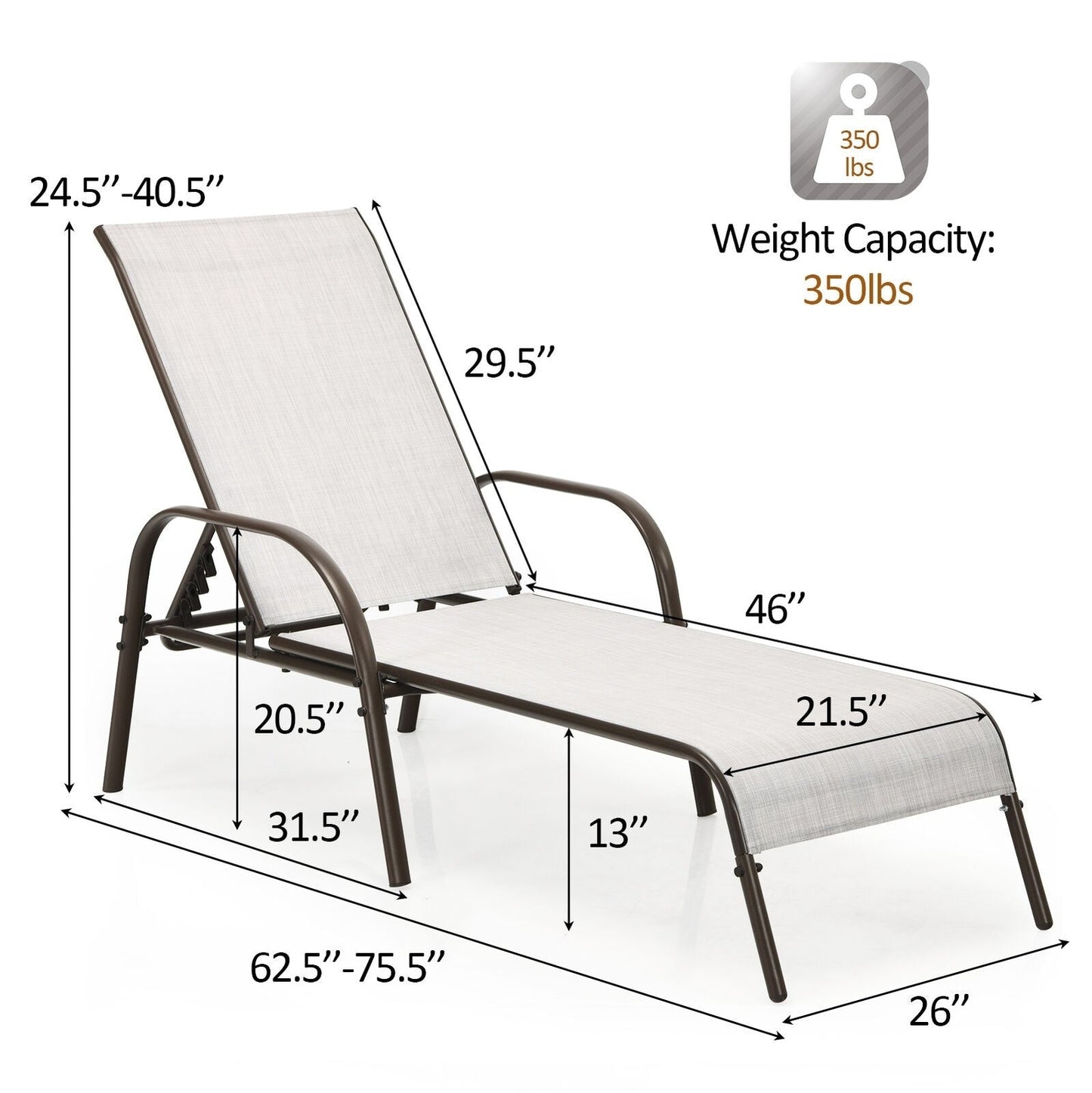 5-Position Fabric Folding Outdoor Chaise Lounge Chair, Lightweight Pool Chair Patio Lawn Recliner Sun Lounger