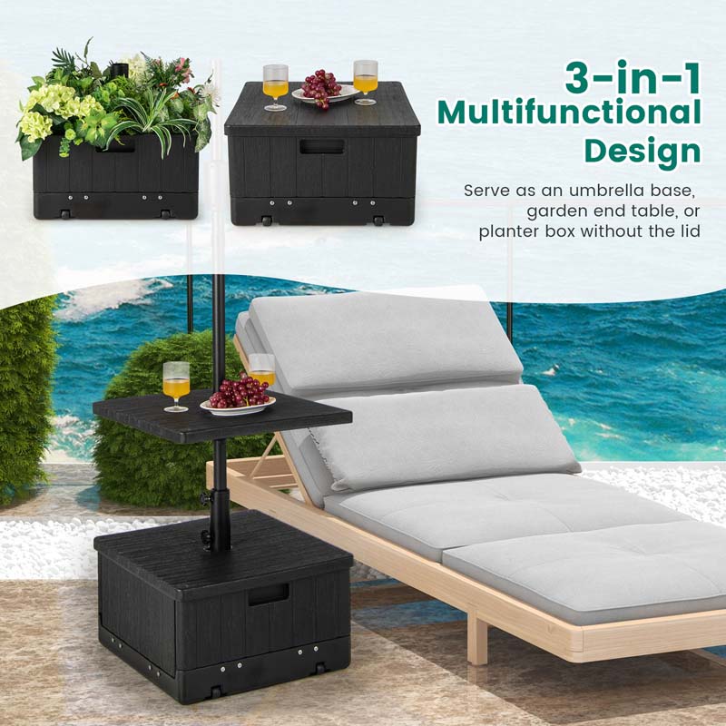 3-in-1 175 LBS Outdoor Refillable Umbrella Base with Table Tray & Wheels, Wood-Like Outdoor Side Table with Umbrella Stand
