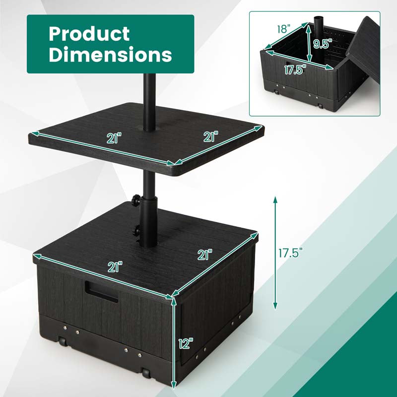 3-in-1 175 LBS Outdoor Refillable Umbrella Base with Table Tray & Wheels, Wood-Like Outdoor Side Table with Umbrella Stand