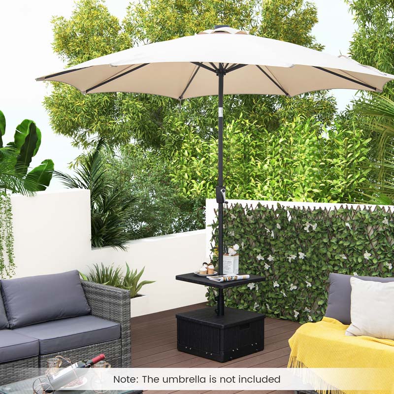 3-in-1 175 LBS Outdoor Refillable Umbrella Base with Table Tray & Wheels, Wood-Like Outdoor Side Table with Umbrella Stand