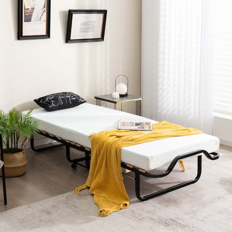 78.5" x 31" Folding Bed with 4" Memory Foam Mattress & Lockable Wheels, Portable Cot Size Rollaway Guest Bed for Adult