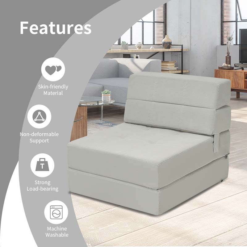Triple Fold Down Sofa Bed, Floor Couch Sleeper Sofa, Modern Folding Lounge Chaise Convertible Upholstered Guest Sleeper Chair