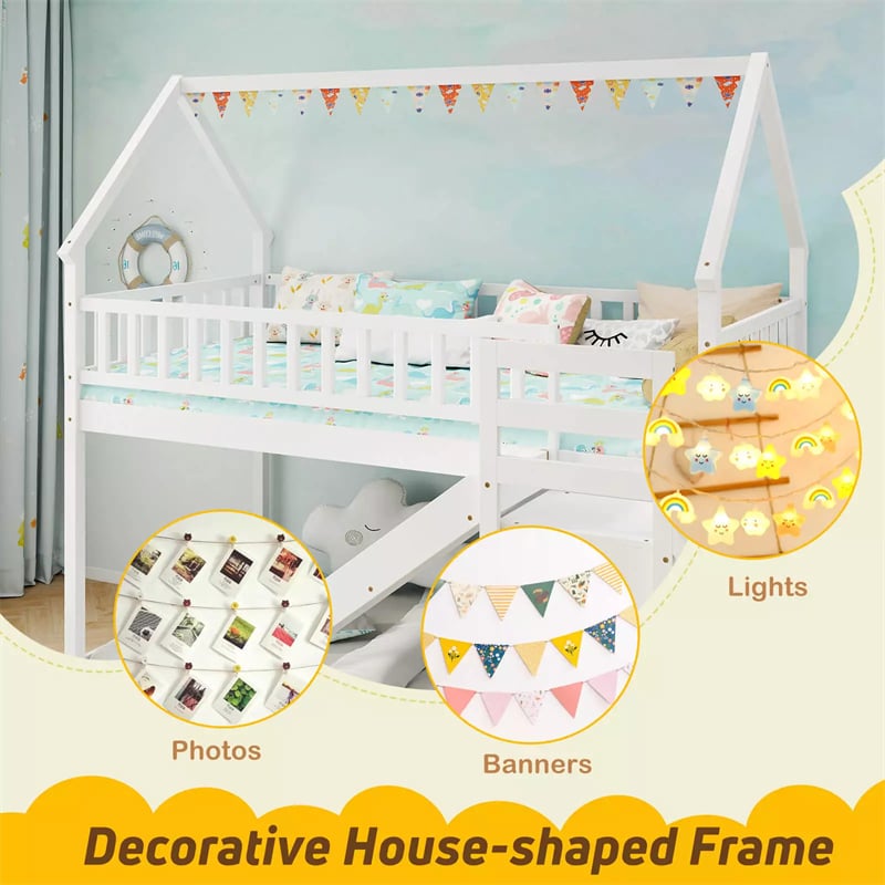 Twin Over Twin Bunk Bed House Design with Slide, Staircases & Storage Compartments, No Box Spring Needed, Wood Twin Floor Bed for Kids Teens