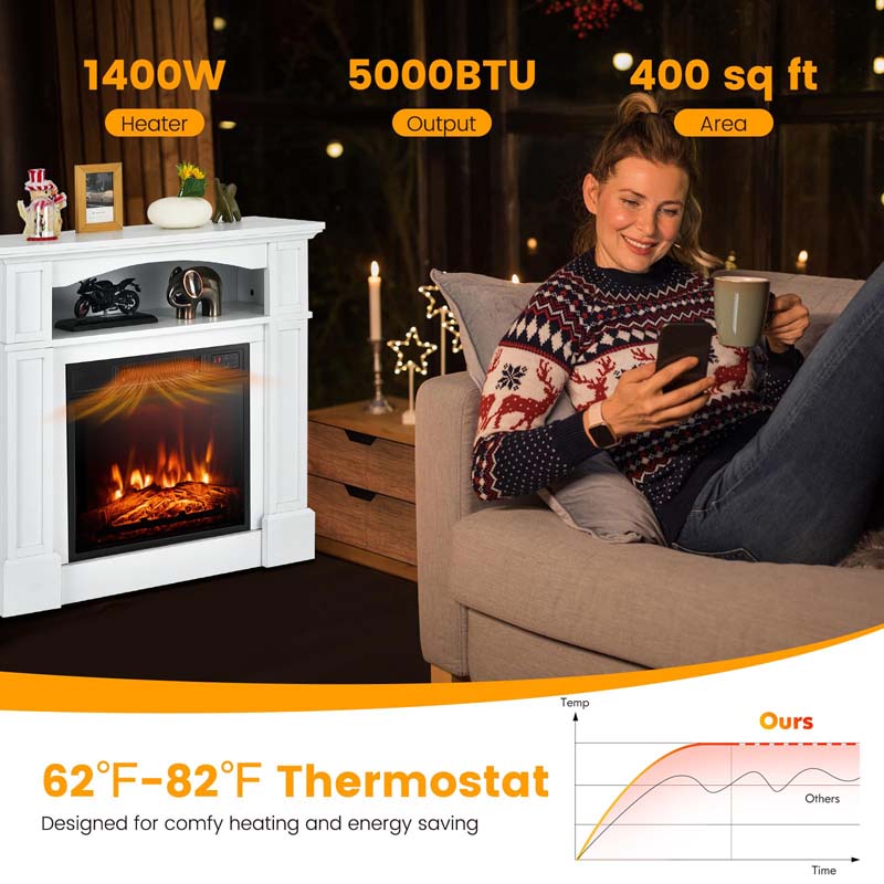 32" Electric Fireplace Mantel, Freestanding Wooden Surround Firebox with 1400W Fireplace Heater, Remote, Thermostat, 6H Timer
