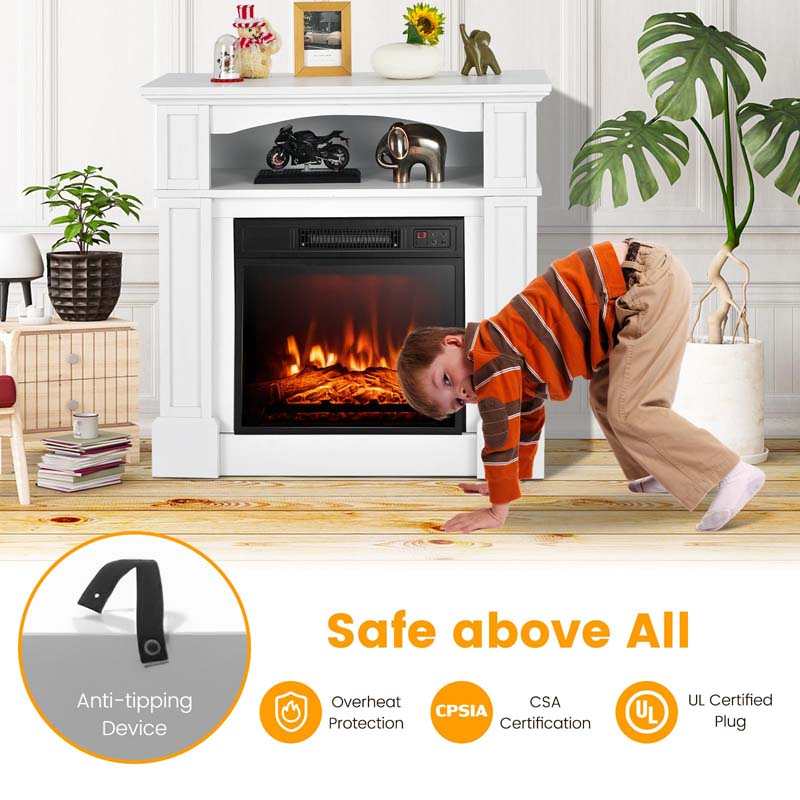 32" Electric Fireplace Mantel, Freestanding Wooden Surround Firebox with 1400W Fireplace Heater, Remote, Thermostat, 6H Timer