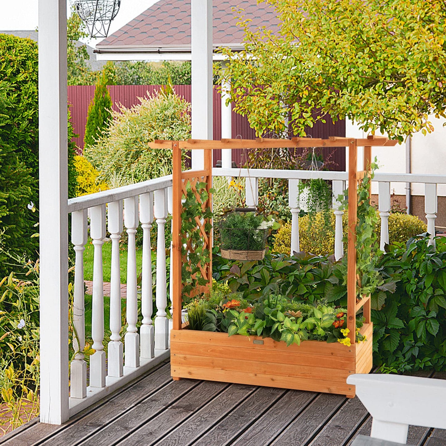 43.5"L x 17.5"W x 44"H Raised Garden Bed Planter Box with Trellis & Hanging Roof, Lattice Panel with Drainage Hole for Flower, Climbing Plant, Herb