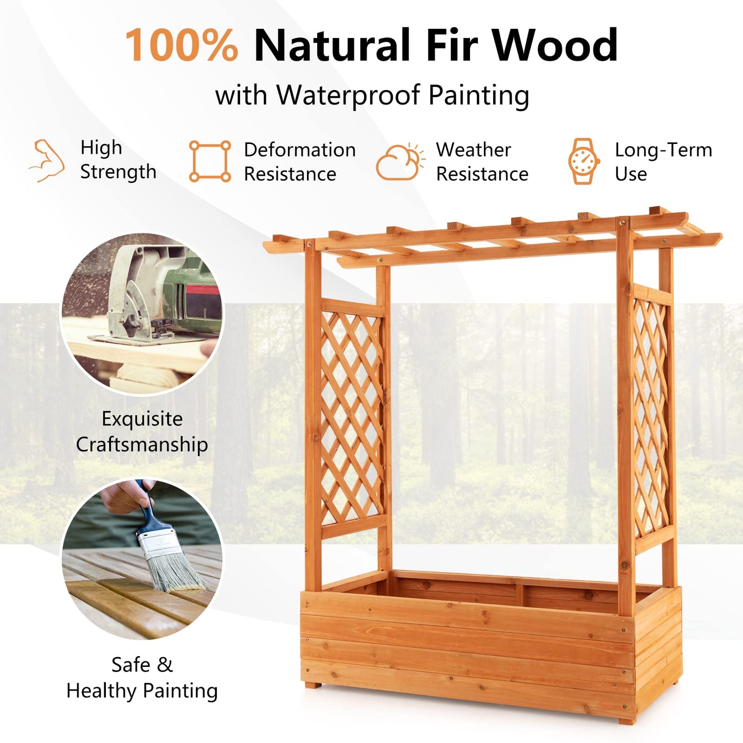 43.5"L x 17.5"W x 44"H Raised Garden Bed Planter Box with Trellis & Hanging Roof, Lattice Panel with Drainage Hole for Flower, Climbing Plant, Herb