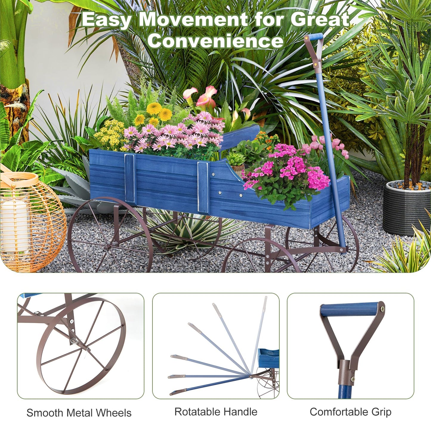 24.5" x 13.5" x 24" Wooden Wagon Planter, Decorative Garden Planter Box with 2 Planting Sections, Wheels, Handle, Small Decorated Cart
