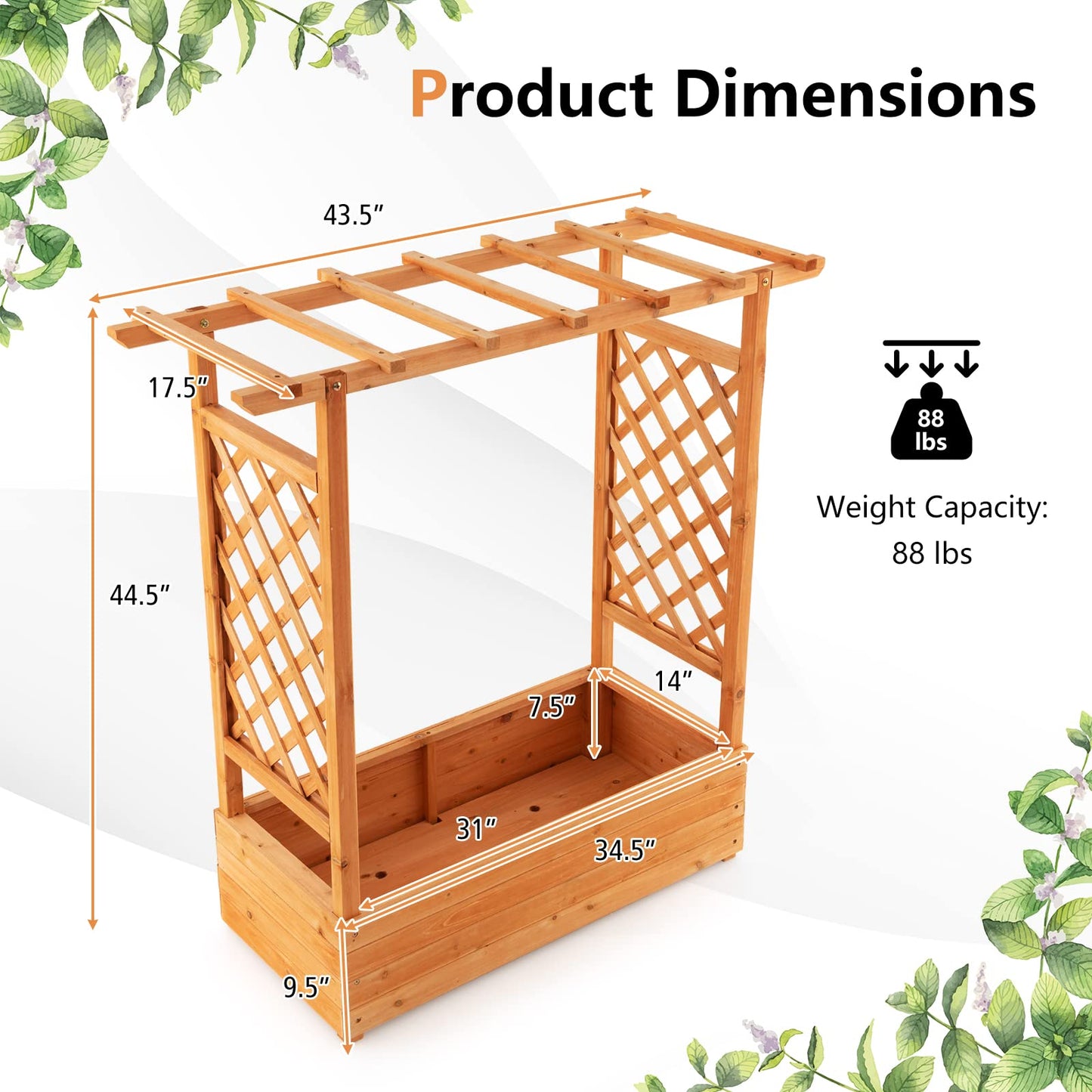 43.5"L x 17.5"W x 44"H Raised Garden Bed Planter Box with Trellis & Hanging Roof, Lattice Panel with Drainage Hole for Flower, Climbing Plant, Herb