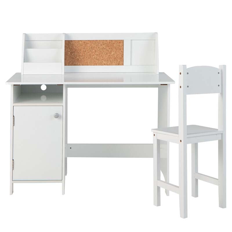 Wooden Kids Study Table and Chair Set with Cork Bulletin Board, Student Computer Workstation Writing Table for Bedroom