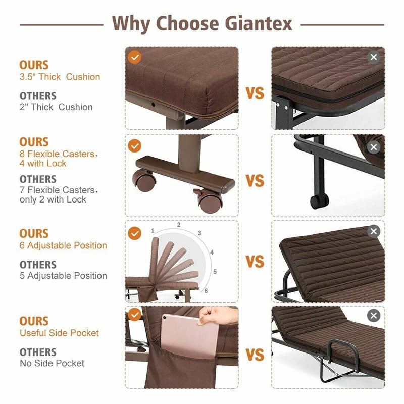Folding Rollaway Bed with Mattress for Adult, Portable Guest Bed Frame with Adjustable 6 Position & Side Storage Pocket