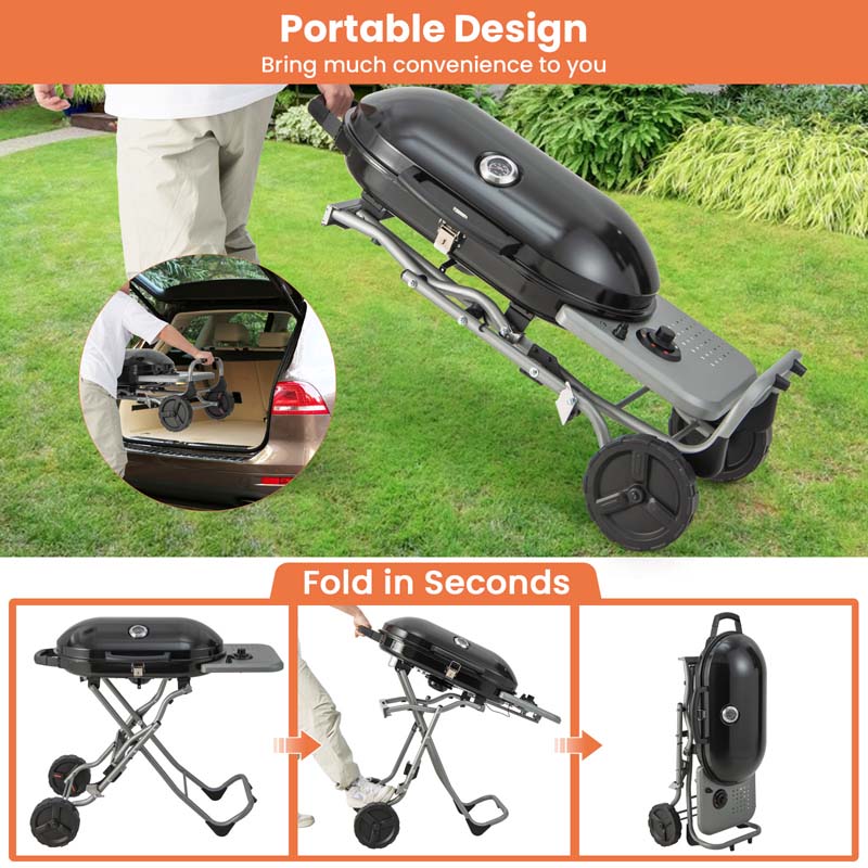 15,000 BTU Folding Stand-Up Gas Grill for Outdoor Cooking Camping, Portable Propane BBQ Grill with Side Table, 2 Wheels, Grease Tray