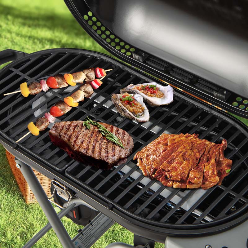 15,000 BTU Folding Stand-Up Gas Grill for Outdoor Cooking Camping, Portable Propane BBQ Grill with Side Table, 2 Wheels, Grease Tray