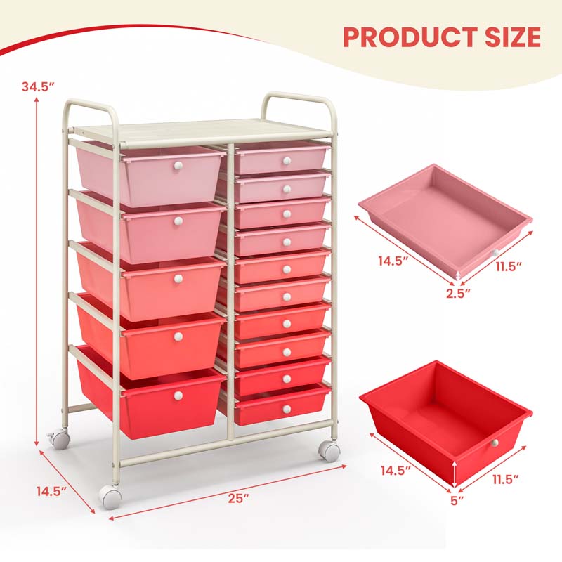 15-Drawer Storage Drawer Cart Tools Scrapbook Paper Organizer Cart Office School Utility Cart Rolling Storage Cart with Wheels