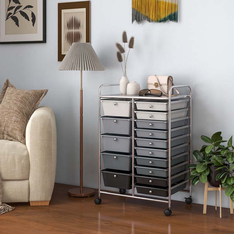 15-Drawer Storage Drawer Cart Tools Scrapbook Paper Organizer Cart Office School Utility Cart Rolling Storage Cart with Wheels