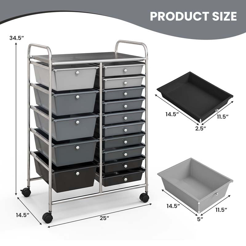 15-Drawer Storage Drawer Cart Tools Scrapbook Paper Organizer Cart Office School Utility Cart Rolling Storage Cart with Wheels