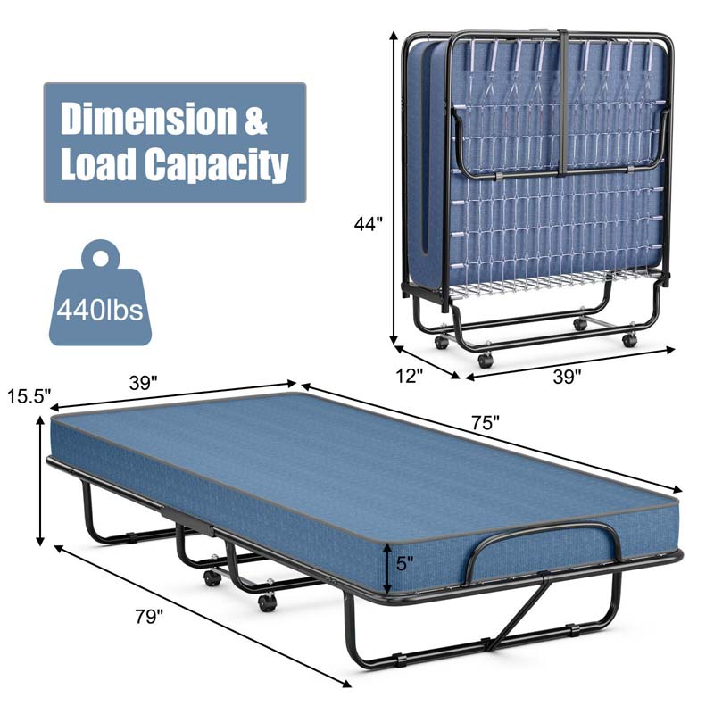 79" x 39" Rollaway Folding Bed with 5" Memory Foam Mattress, Twin Size Portable Guest Bed with Wheels