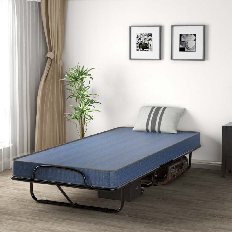 79" x 39" Rollaway Folding Bed with 5" Memory Foam Mattress, Twin Size Portable Guest Bed with Wheels