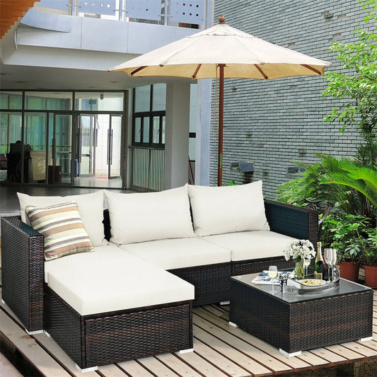 5 Pcs Rattan Wicker Outdoor Patio Sectional Furniture Set with Coffee Table & Cushions
