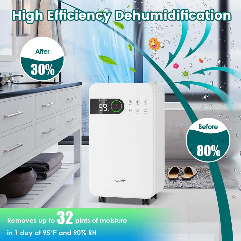 32 Pints 2500 Sq. Ft Portable Quiet Air Dehumidifier for Basement with Sleep Mode, 3-Color Indicator Light, 24H Timer, Child Lock