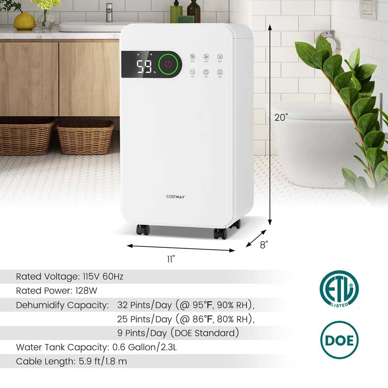 32 Pints 2500 Sq. Ft Portable Quiet Air Dehumidifier for Basement with Sleep Mode, 3-Color Indicator Light, 24H Timer, Child Lock