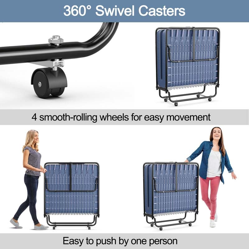 79" x 39" Rollaway Folding Bed with 5" Memory Foam Mattress, Twin Size Portable Guest Bed with Wheels