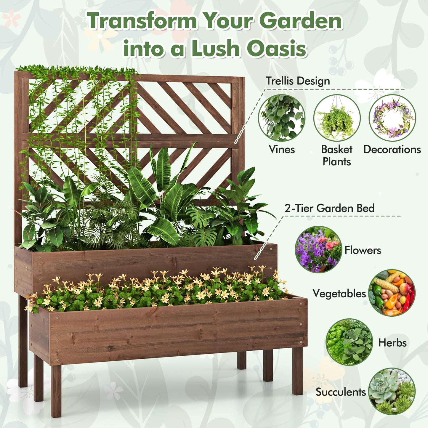 2-Tier Wooden Raised Garden Bed with Trellis, 2 Planter Boxes, Drainage Holes, Outdoor Elevated Planter Box for Flowers Herbs Vegetables Fruits