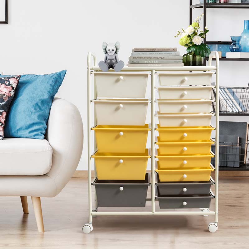 15-Drawer Storage Drawer Cart Tools Scrapbook Paper Organizer Cart Office School Utility Cart Rolling Storage Cart with Wheels