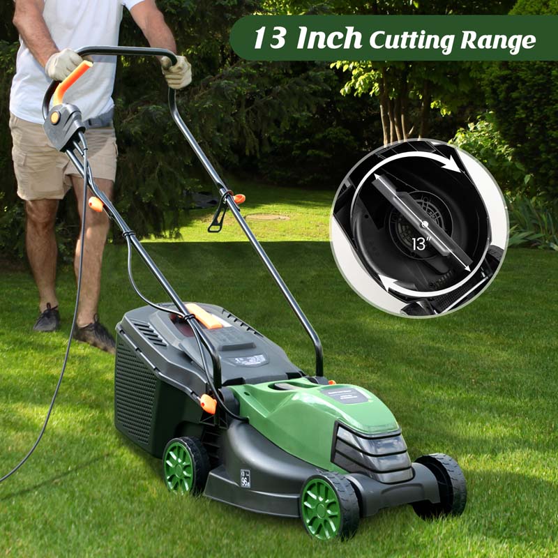 10 AMP 13" Electric Push Lawn Mower 2-in-1 Walk-Behind Lawnmower with Collection Box, 3 Adjustable Height Position