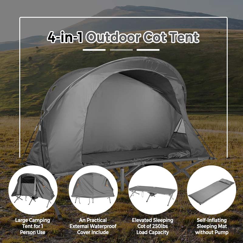 4-in-1 1-Person Camping Cot Tent Foldable Elevated Tent Set with Waterproof External Cover, Air Mattress & Carrying Bag