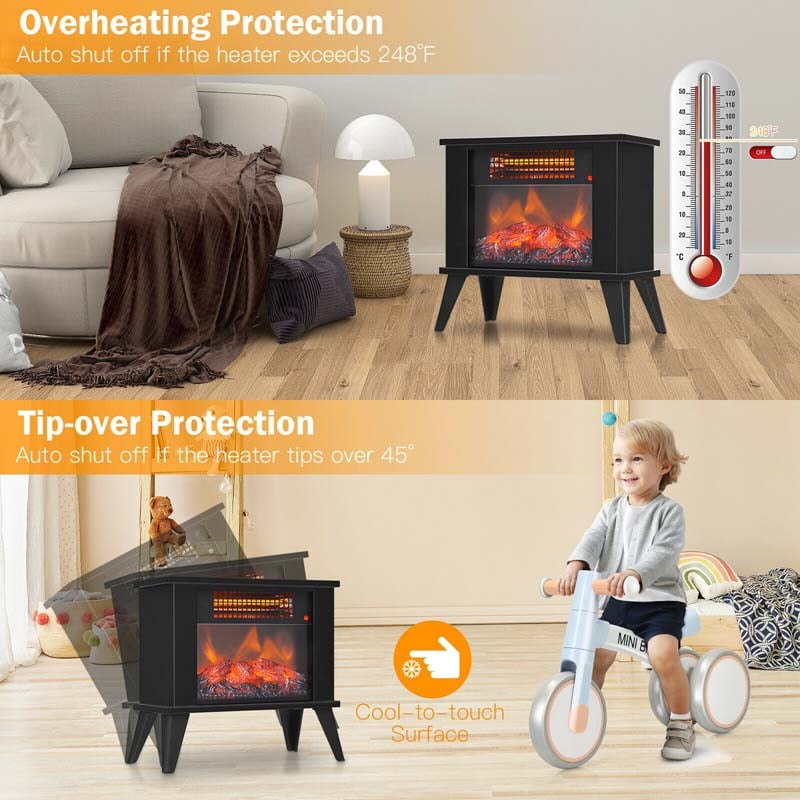 14" Portable Electric Fireplace Heater, 1000W Freestanding Infrared Stove Heater with Realistic Flame Effect