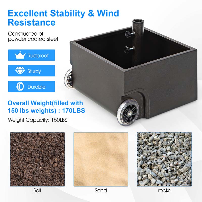 170 lbs 2-in-1 Patio Market Umbrella Base with Wheels, Heavy Duty Fillable Umbrella Stand, Garden Flower Box with Drainage Hole