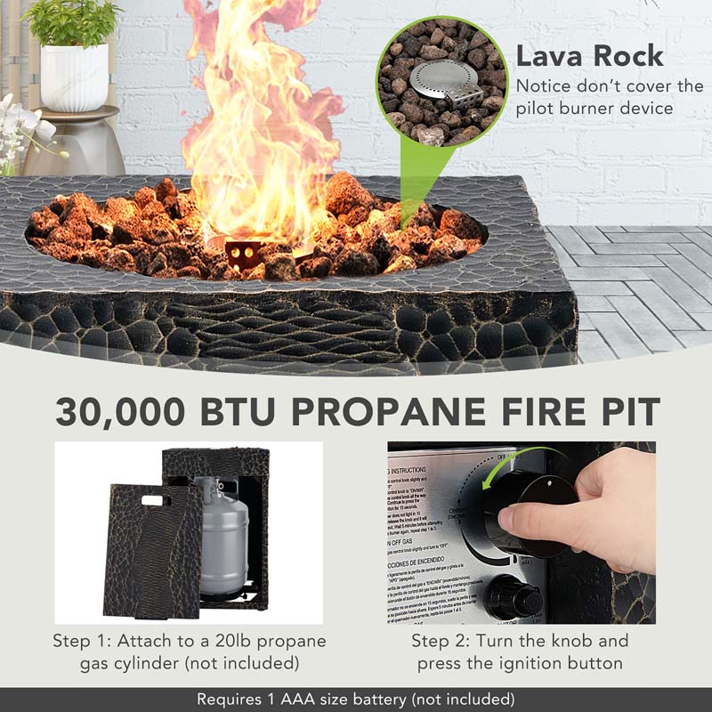 16" Square Outdoor Propane Firepit, 30000 BTU Gas Fire Pit with Lava Rocks & Waterproof Cover