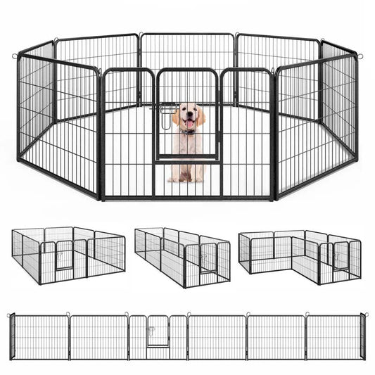 16 Panel 24/32/40" H Dog Playpen with Lock, Heavy Duty Metal Dog Pen with Large Door, Portable Pet Fences for Dogs Outside Garden