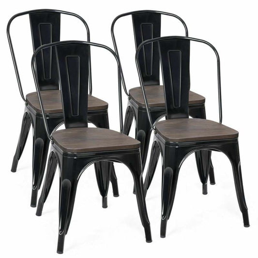 Set of 4 Industrial Vintage Stackable Metal Chairs, 18" Counter Bar Dining Chairs with High Backrest & Wood Seat for Home Kitchen Cafe Bar
