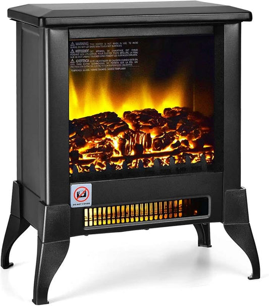 18" Electric Fireplace Stove, 1400W Portable Space Heater with Realistic Flame Effect, Adjustable Temperature