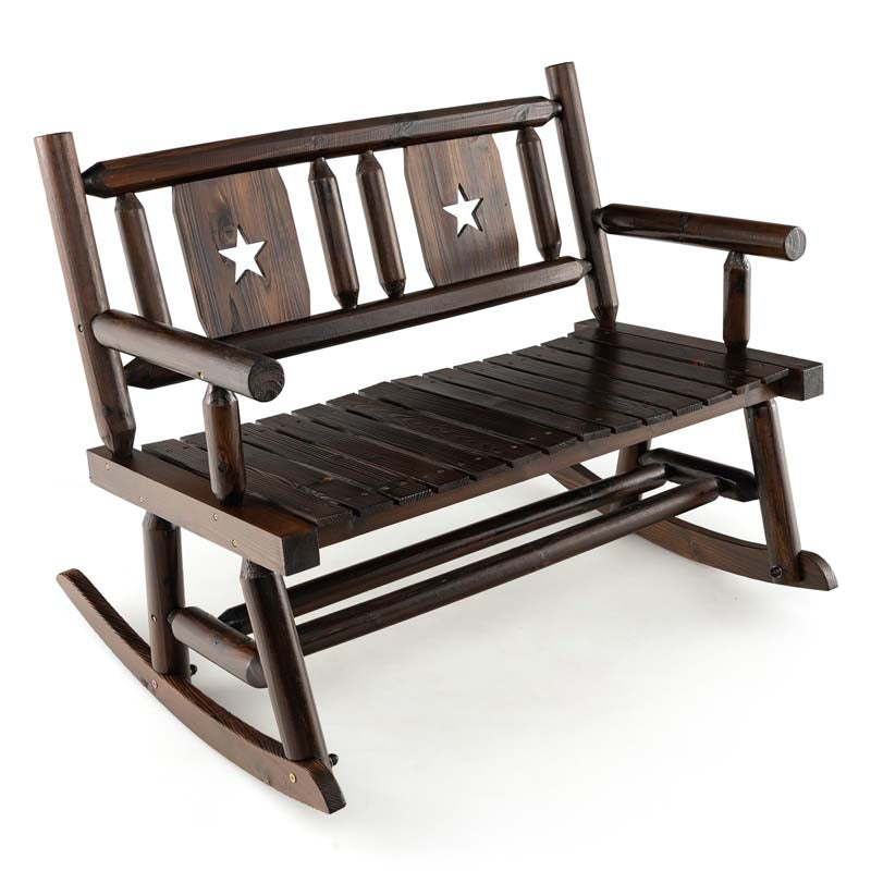 Rustic Carbonized Wood Double Rocker Chair Loveseat with Ergonomic Seat, 2-Person Patio Rocking Bench for Backyard Porch Garden