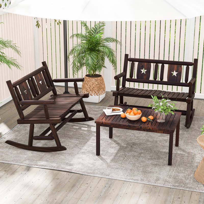 Rustic Carbonized Wood Double Rocker Chair Loveseat with Ergonomic Seat, 2-Person Patio Rocking Bench for Backyard Porch Garden