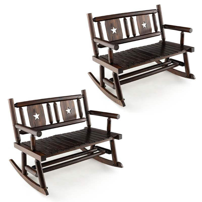 Rustic Carbonized Wood Double Rocker Chair Loveseat with Ergonomic Seat, 2-Person Patio Rocking Bench for Backyard Porch Garden