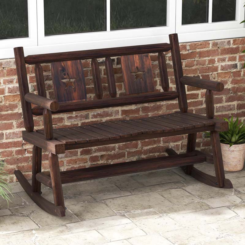 Rustic Carbonized Wood Double Rocker Chair Loveseat with Ergonomic Seat, 2-Person Patio Rocking Bench for Backyard Porch Garden