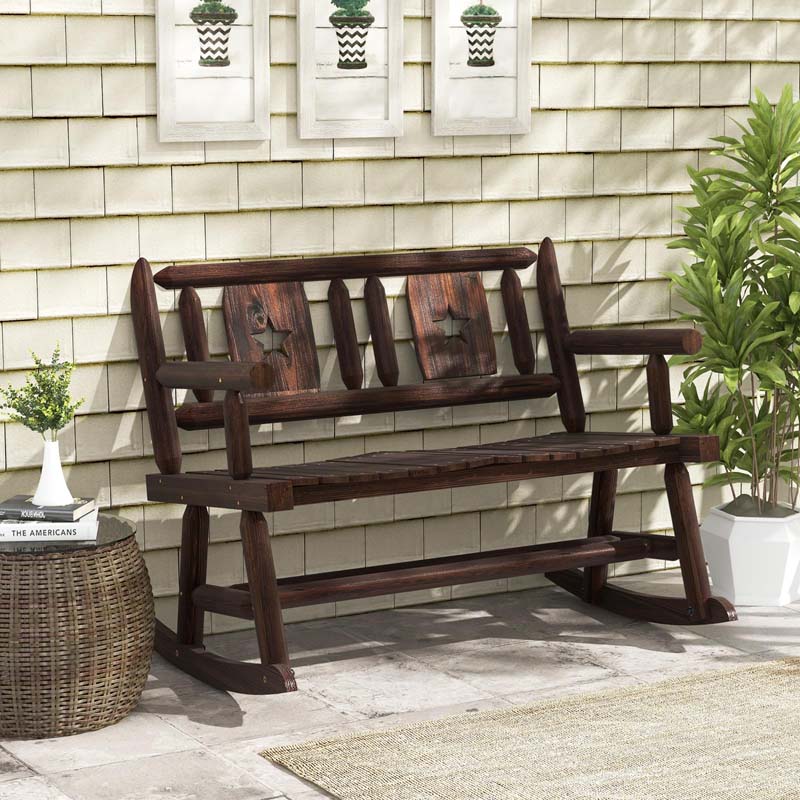 Rustic Carbonized Wood Double Rocker Chair Loveseat with Ergonomic Seat, 2-Person Patio Rocking Bench for Backyard Porch Garden