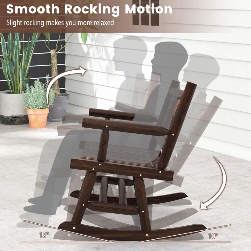 Rustic Carbonized Wood Double Rocker Chair Loveseat with Ergonomic Seat, 2-Person Patio Rocking Bench for Backyard Porch Garden