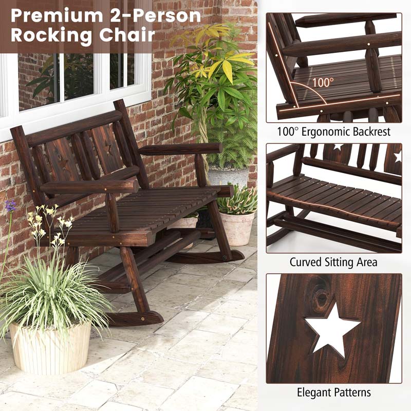 Rustic Carbonized Wood Double Rocker Chair Loveseat with Ergonomic Seat, 2-Person Patio Rocking Bench for Backyard Porch Garden