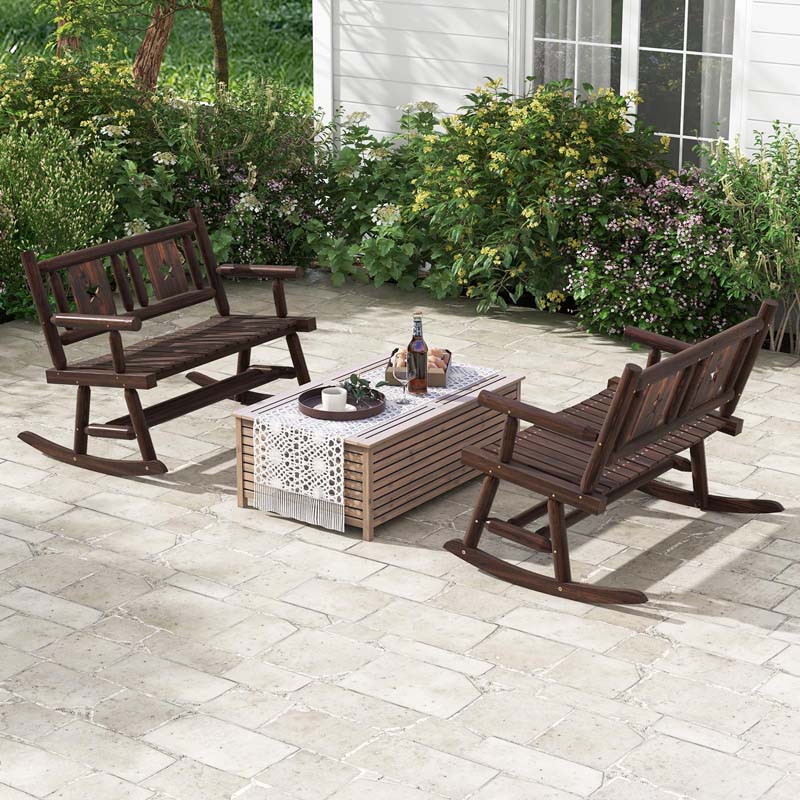 Rustic Carbonized Wood Double Rocker Chair Loveseat with Ergonomic Seat, 2-Person Patio Rocking Bench for Backyard Porch Garden