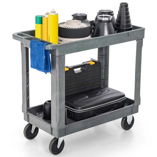 2-Tier Industrial Service Utility Cart Heavy-Duty PP Rolling Work Cart with 550 LBS Max Load and Storage Handle