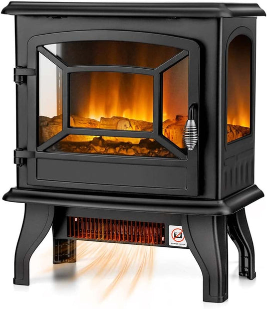20" Freestanding Electric Fireplace Stove Heater, 1400W Portable Space Heater with Realistic Flame Effect